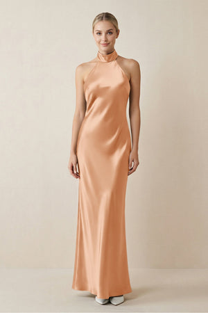 Halter Sheath Satin Bridesmaid Dress in Golden Champagne - KissProm Bridesmaid Dresses