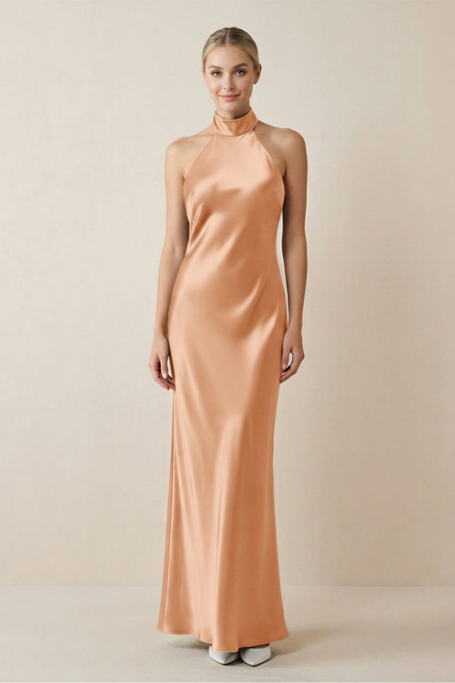 Halter Sheath Satin Bridesmaid Dress in Golden Champagne - KissProm Bridesmaid Dresses