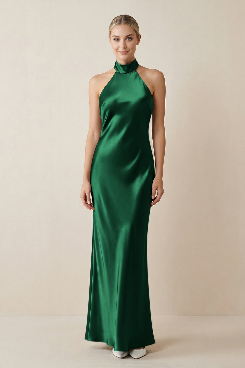 Halter Sheath Satin Bridesmaid Dress in Green - KissProm Bridesmaid Dresses