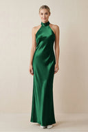 Halter Sheath Satin Bridesmaid Dress in Green - KissProm Bridesmaid Dresses