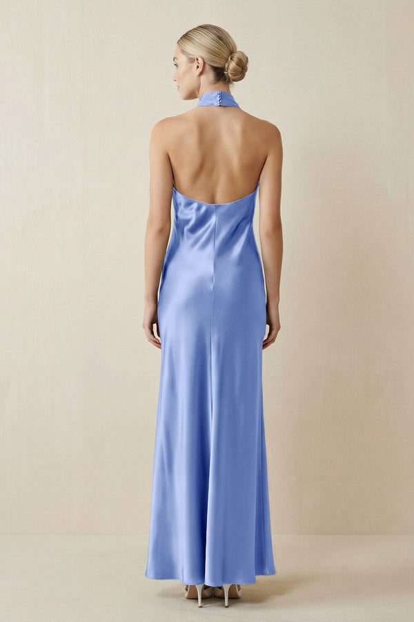Halter Sheath Satin Bridesmaid Dress in Ice - KissProm Bridesmaid Dresses