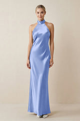 Halter Sheath Satin Bridesmaid Dress in Ice - KissProm Bridesmaid Dresses