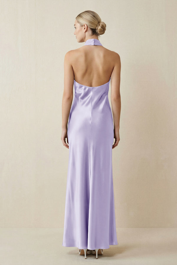 Halter Sheath Satin Bridesmaid Dress in Lavender - KissProm Bridesmaid Dresses