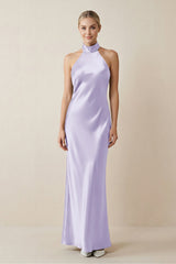 Halter Sheath Satin Bridesmaid Dress in Lavender - KissProm Bridesmaid Dresses