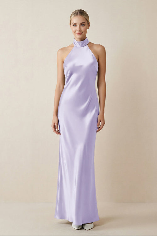 Halter Sheath Satin Bridesmaid Dress in Lavender - KissProm Bridesmaid Dresses