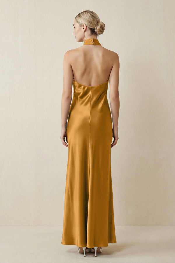 Halter Sheath Satin Bridesmaid Dress in Marigold - KissProm Bridesmaid Dresses