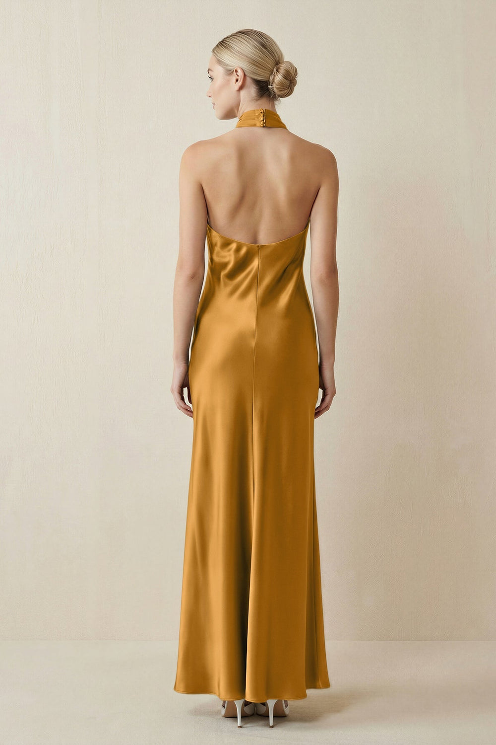Halter Sheath Satin Bridesmaid Dress in Marigold - KissProm Bridesmaid Dresses