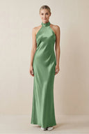Halter Sheath Satin Bridesmaid Dress in Matcha - KissProm Bridesmaid Dresses