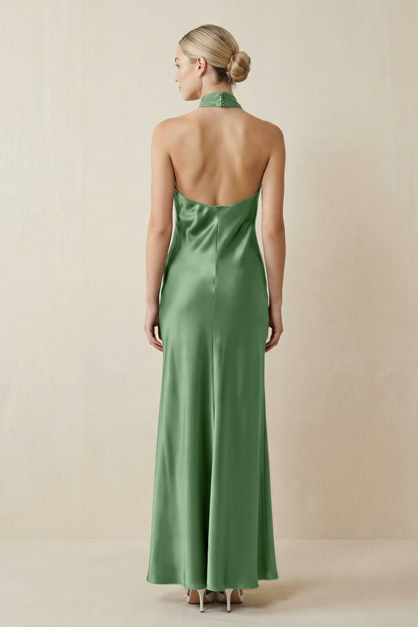 Halter Sheath Satin Bridesmaid Dress in Matcha - KissProm Bridesmaid Dresses