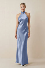 Halter Sheath Satin Bridesmaid Dress in Mist - KissProm Bridesmaid Dresses