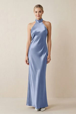 Halter Sheath Satin Bridesmaid Dress in Mist - KissProm Bridesmaid Dresses
