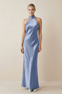 Halter Sheath Satin Bridesmaid Dress in Mist - KissProm Bridesmaid Dresses