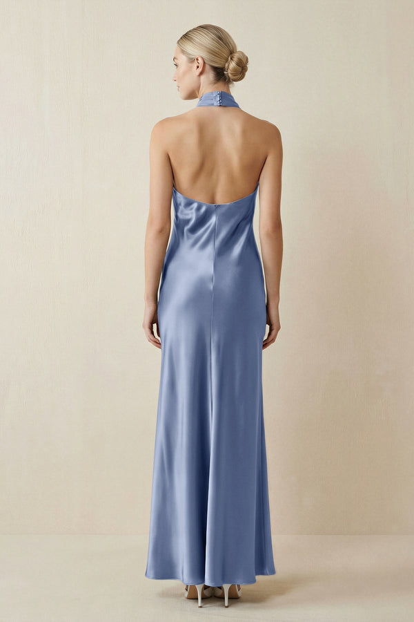 Halter Sheath Satin Bridesmaid Dress in Mist - KissProm Bridesmaid Dresses