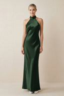 Halter Sheath Satin Bridesmaid Dress in Moss - KissProm Bridesmaid Dresses