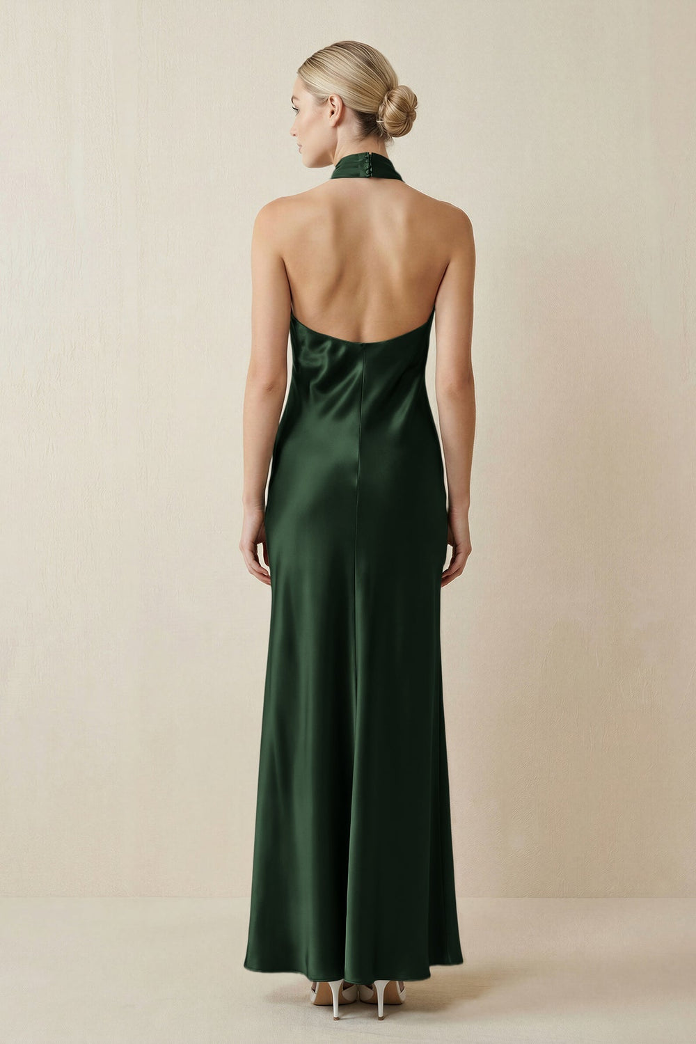 Halter Sheath Satin Bridesmaid Dress in Moss - KissProm Bridesmaid Dresses