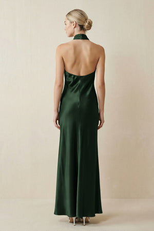 Halter Sheath Satin Bridesmaid Dress in Moss - KissProm Bridesmaid Dresses