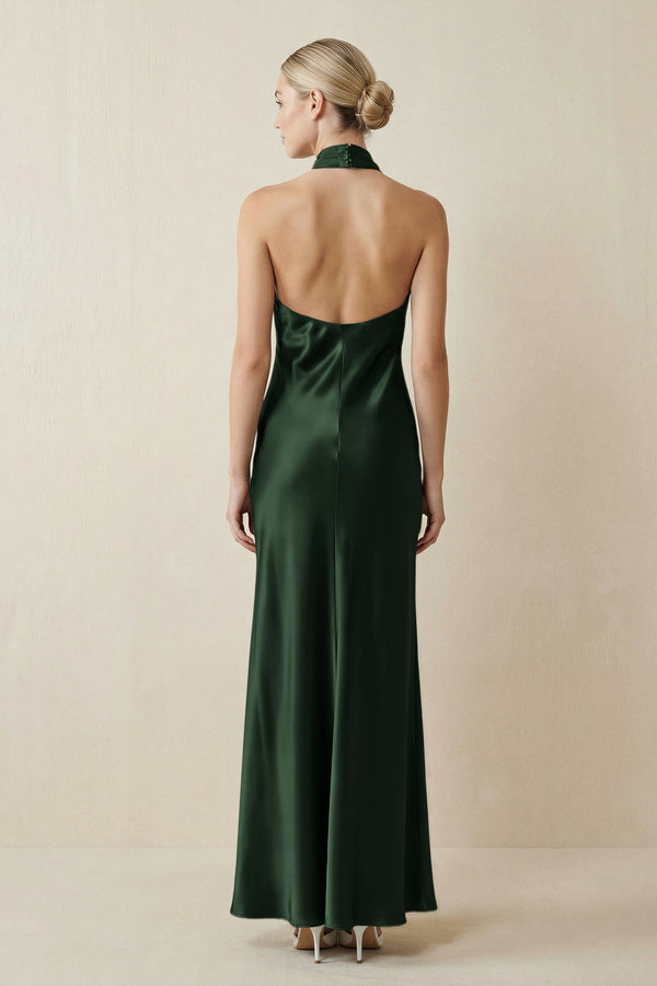 Halter Sheath Satin Bridesmaid Dress in Moss - KissProm Bridesmaid Dresses