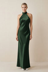 Halter Sheath Satin Bridesmaid Dress in Moss - KissProm Bridesmaid Dresses