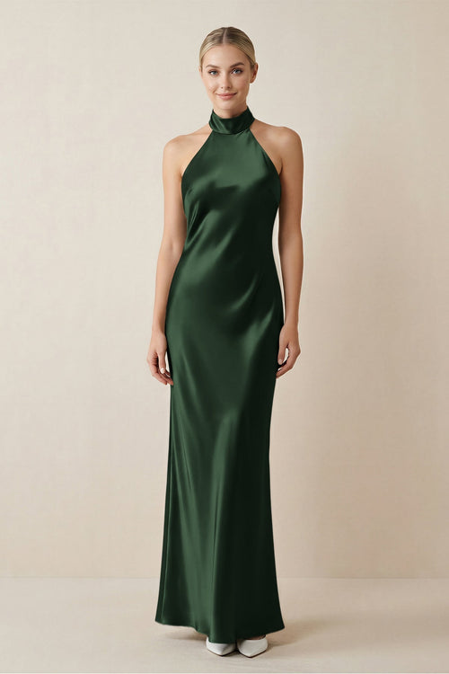 Halter Sheath Satin Bridesmaid Dress in Moss - KissProm Bridesmaid Dresses