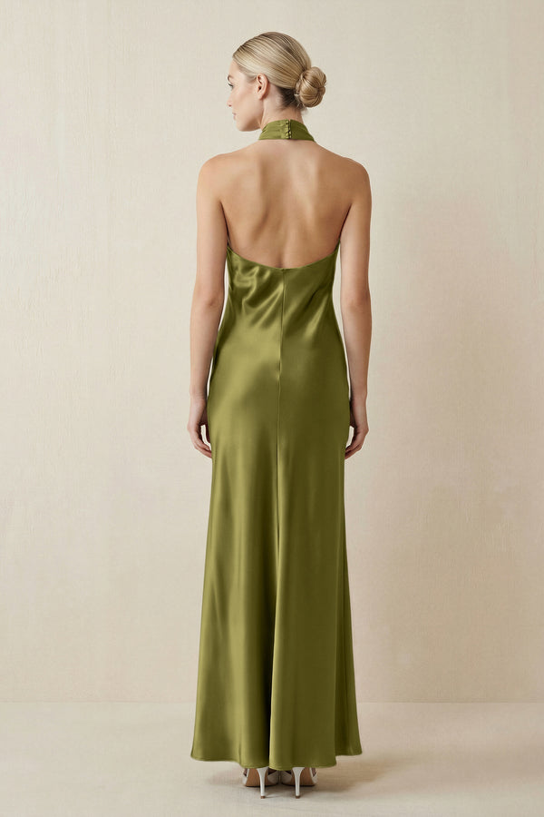 Halter Sheath Satin Bridesmaid Dress in Moss Green - KissProm Bridesmaid Dresses