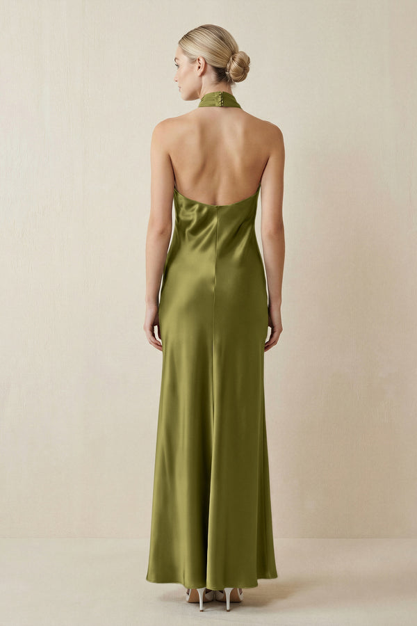 Halter Sheath Satin Bridesmaid Dress in Moss Green - KissProm Bridesmaid Dresses