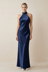 Halter Sheath Satin Bridesmaid Dress in Navy - KissProm Bridesmaid Dresses