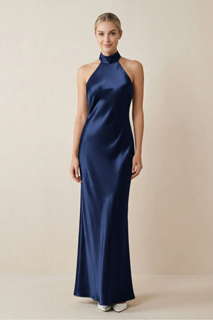 Halter Sheath Satin Bridesmaid Dress in Navy - KissProm Bridesmaid Dresses