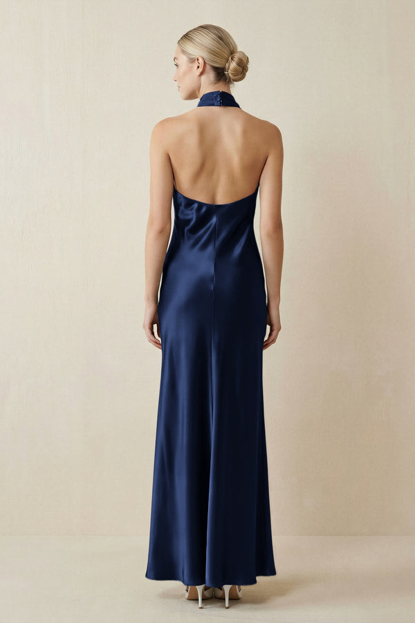 Halter Sheath Satin Bridesmaid Dress in Navy - KissProm Bridesmaid Dresses