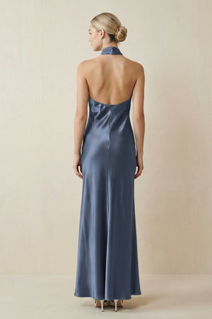 Halter Sheath Satin Bridesmaid Dress in Neptune - KissProm Bridesmaid Dresses