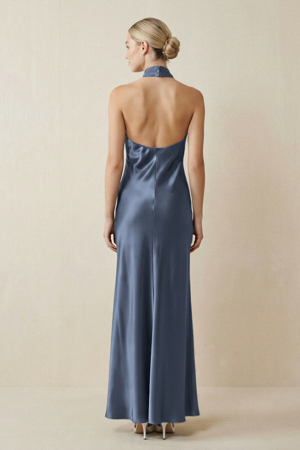 Halter Sheath Satin Bridesmaid Dress in Neptune - KissProm Bridesmaid Dresses