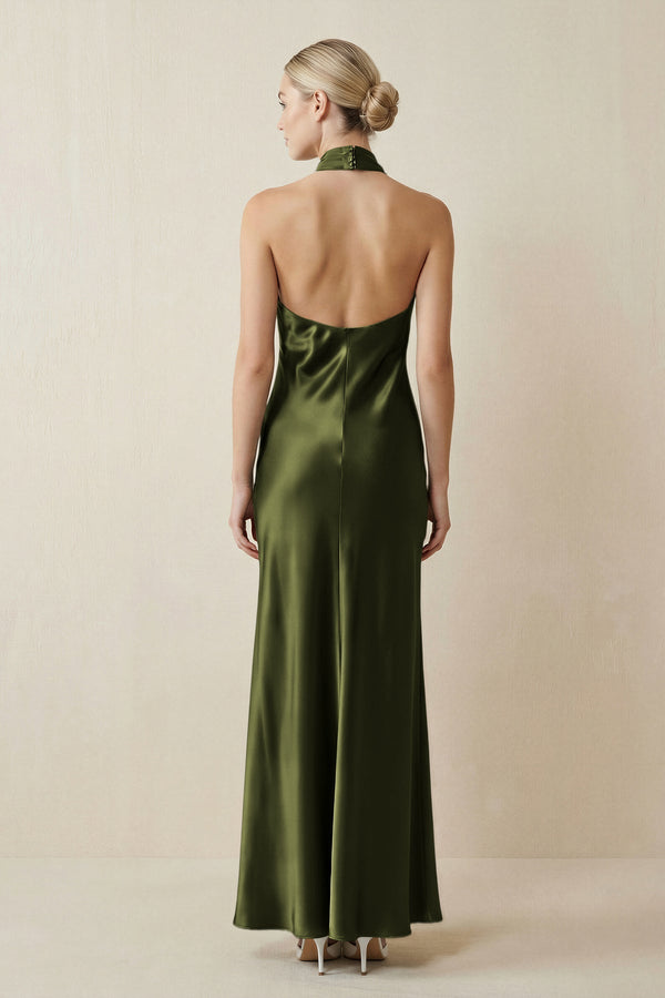 Halter Sheath Satin Bridesmaid Dress in Olive - KissProm Bridesmaid Dresses