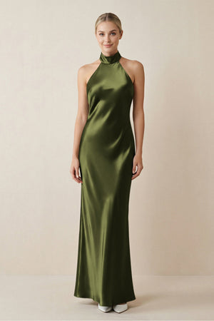 Halter Sheath Satin Bridesmaid Dress in Olive - KissProm Bridesmaid Dresses