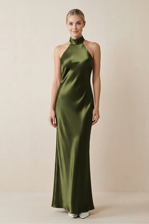 Halter Sheath Satin Bridesmaid Dress in Olive - KissProm Bridesmaid Dresses