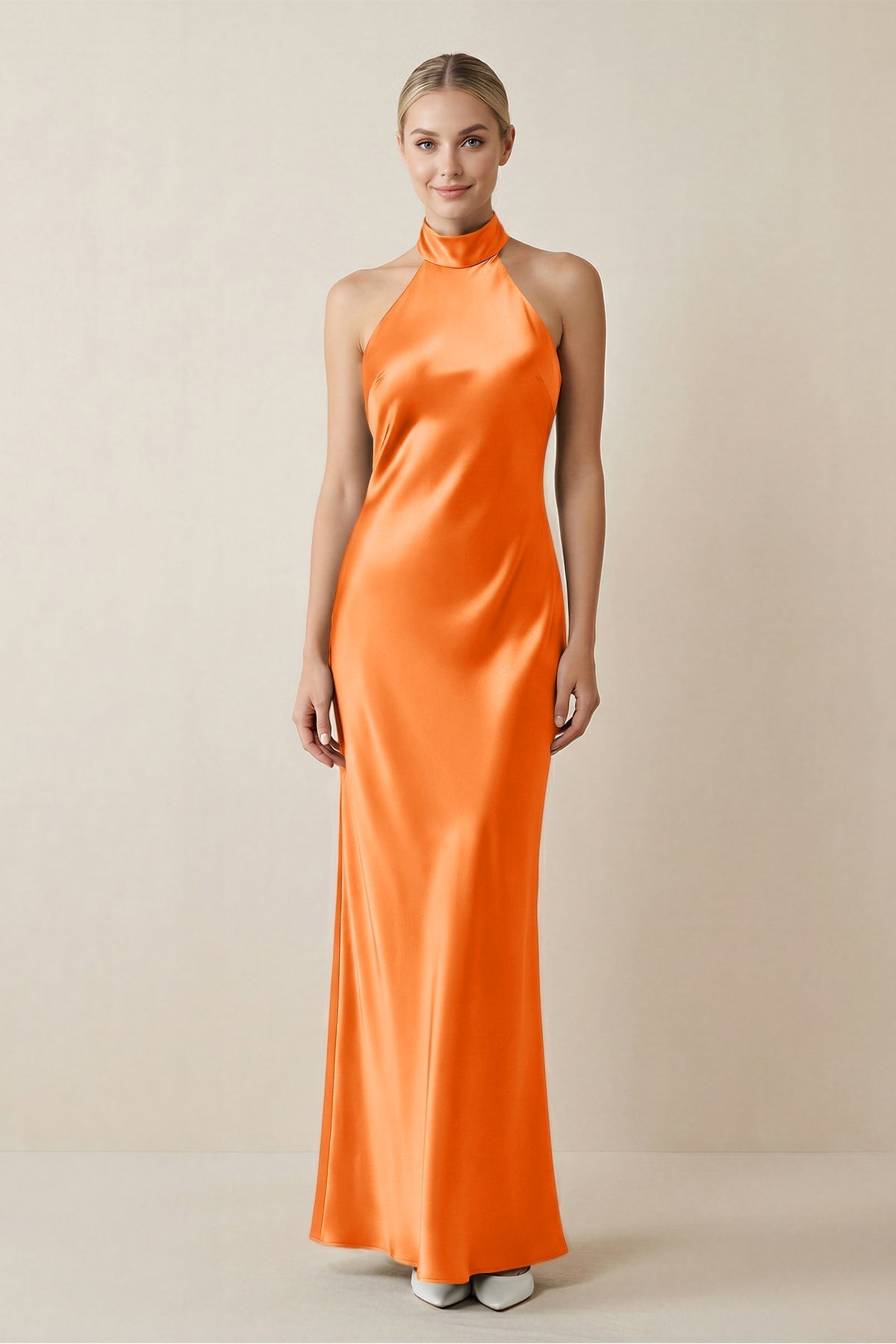 KissProm Halter Sheath Satin Bridesmaid Dress in Orange, Orange / 22