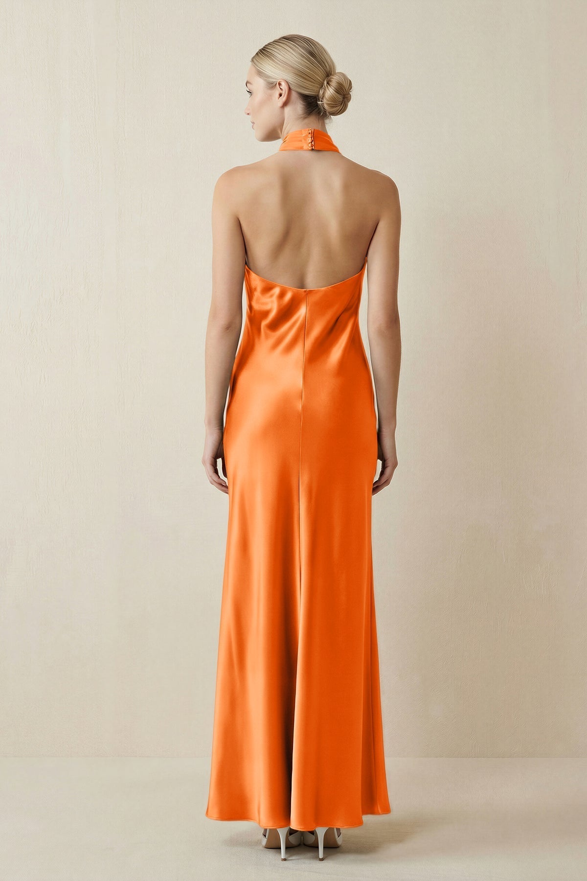 KissProm Halter Sheath Satin Bridesmaid Dress in Orange, Orange / 22