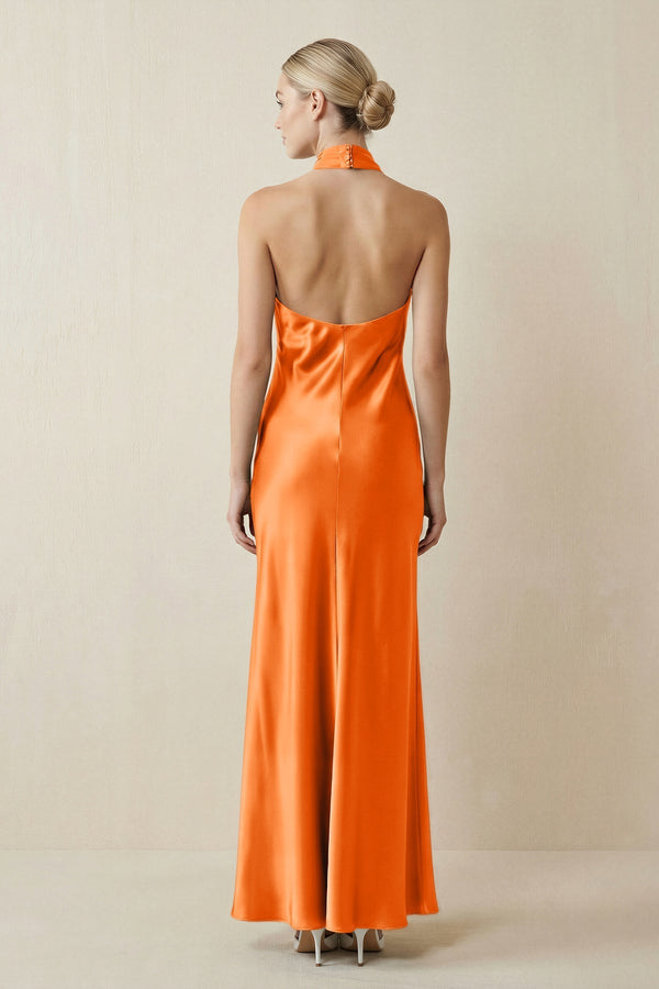 Halter Sheath Satin Bridesmaid Dress in Orange - KissProm Bridesmaid Dresses