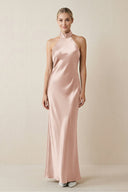 Halter Sheath Satin Bridesmaid Dress in Pale Blush - KissProm Bridesmaid Dresses
