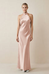 Halter Sheath Satin Bridesmaid Dress in Pale Blush - KissProm Bridesmaid Dresses