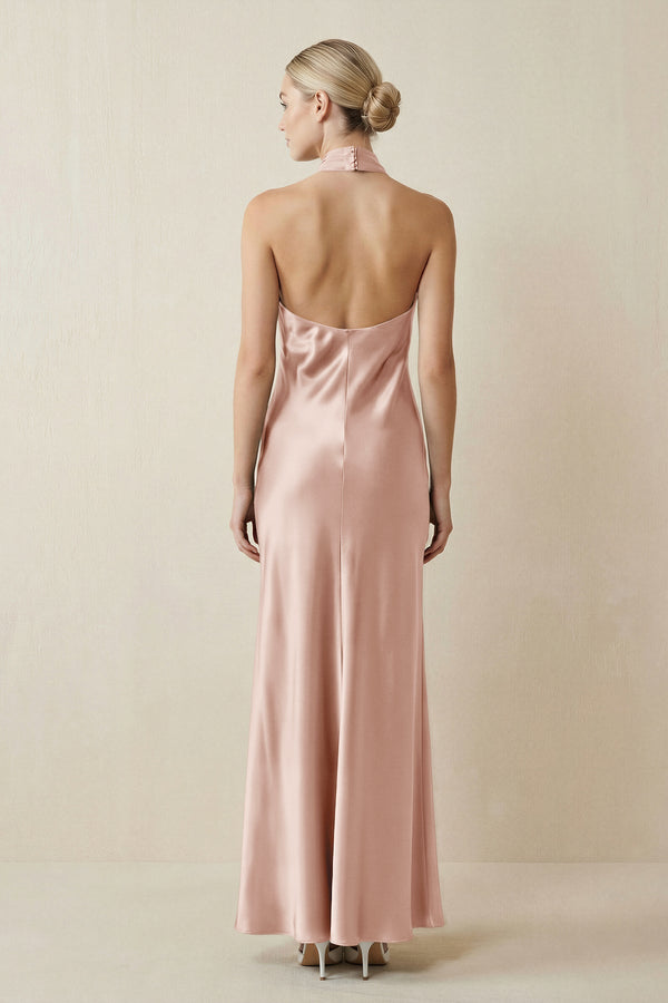 Halter Sheath Satin Bridesmaid Dress in Pale Blush - KissProm Bridesmaid Dresses