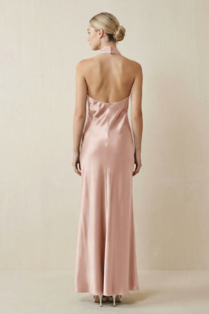 Halter Sheath Satin Bridesmaid Dress in Pale Blush - KissProm Bridesmaid Dresses