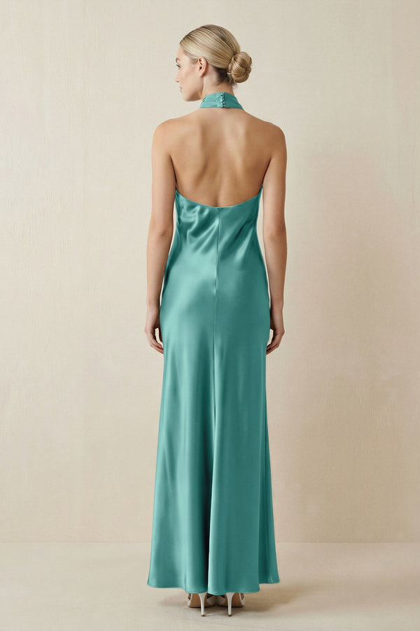 Halter Sheath Satin Bridesmaid Dress in Pale Pistachio - KissProm Bridesmaid Dresses