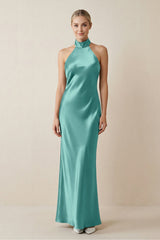 Halter Sheath Satin Bridesmaid Dress in Pale Pistachio - KissProm Bridesmaid Dresses