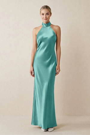 Halter Sheath Satin Bridesmaid Dress in Pale Pistachio - KissProm Bridesmaid Dresses