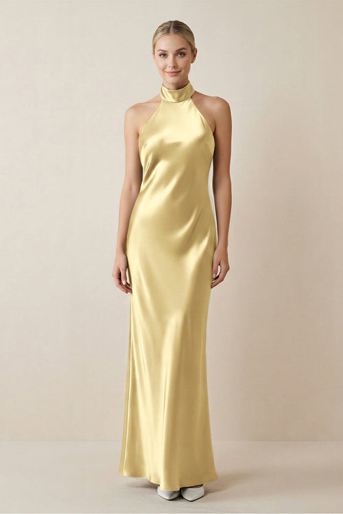 Halter Sheath Satin Bridesmaid Dress in Pastel Yellow - KissProm Bridesmaid Dresses
