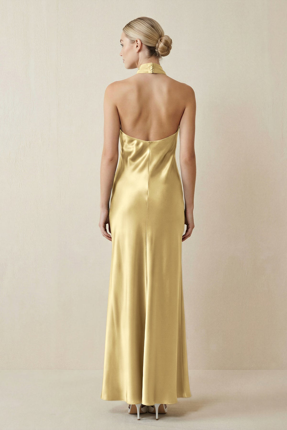 Halter Sheath Satin Bridesmaid Dress in Pastel Yellow - KissProm Bridesmaid Dresses
