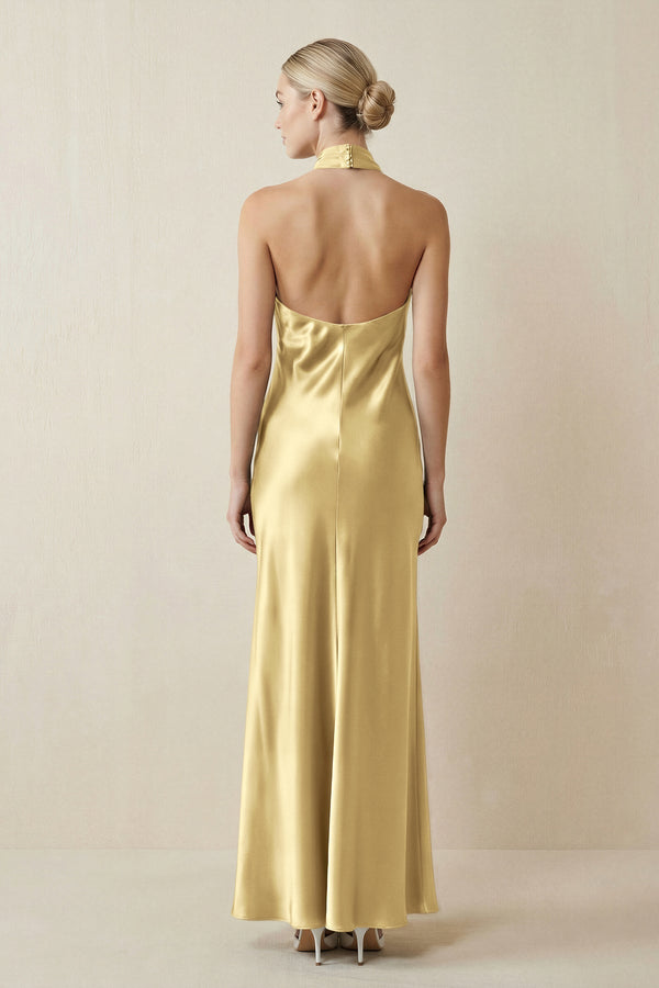 Halter Sheath Satin Bridesmaid Dress in Pastel Yellow - KissProm Bridesmaid Dresses