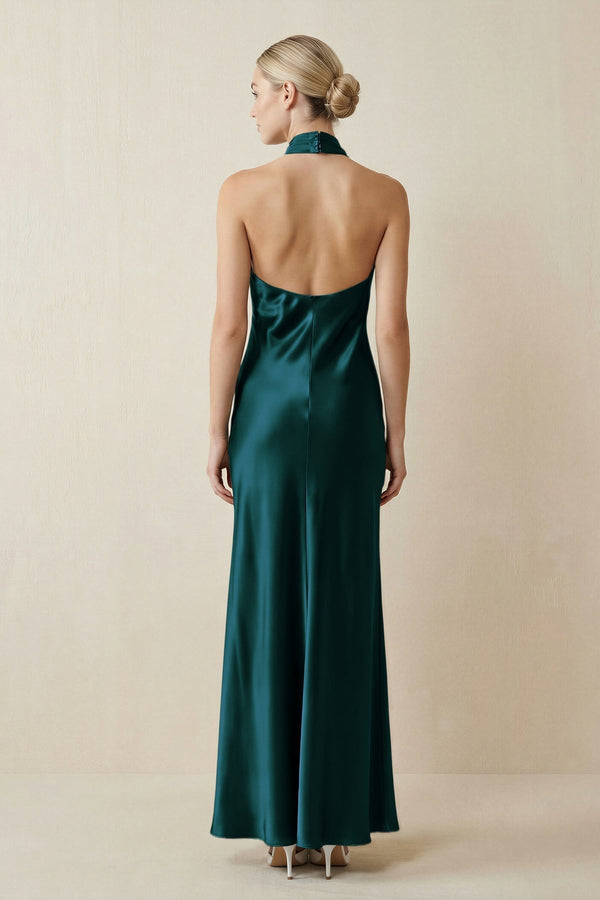 Halter Sheath Satin Bridesmaid Dress in Pine - KissProm Bridesmaid Dresses