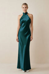 Halter Sheath Satin Bridesmaid Dress in Pine - KissProm Bridesmaid Dresses