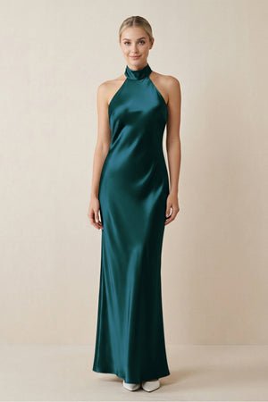Halter Sheath Satin Bridesmaid Dress in Pine - KissProm Bridesmaid Dresses