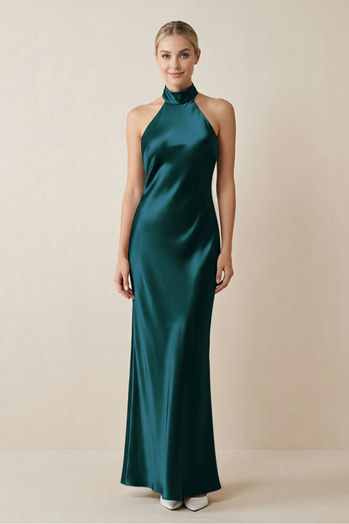 Halter Sheath Satin Bridesmaid Dress in Pine - KissProm Bridesmaid Dresses
